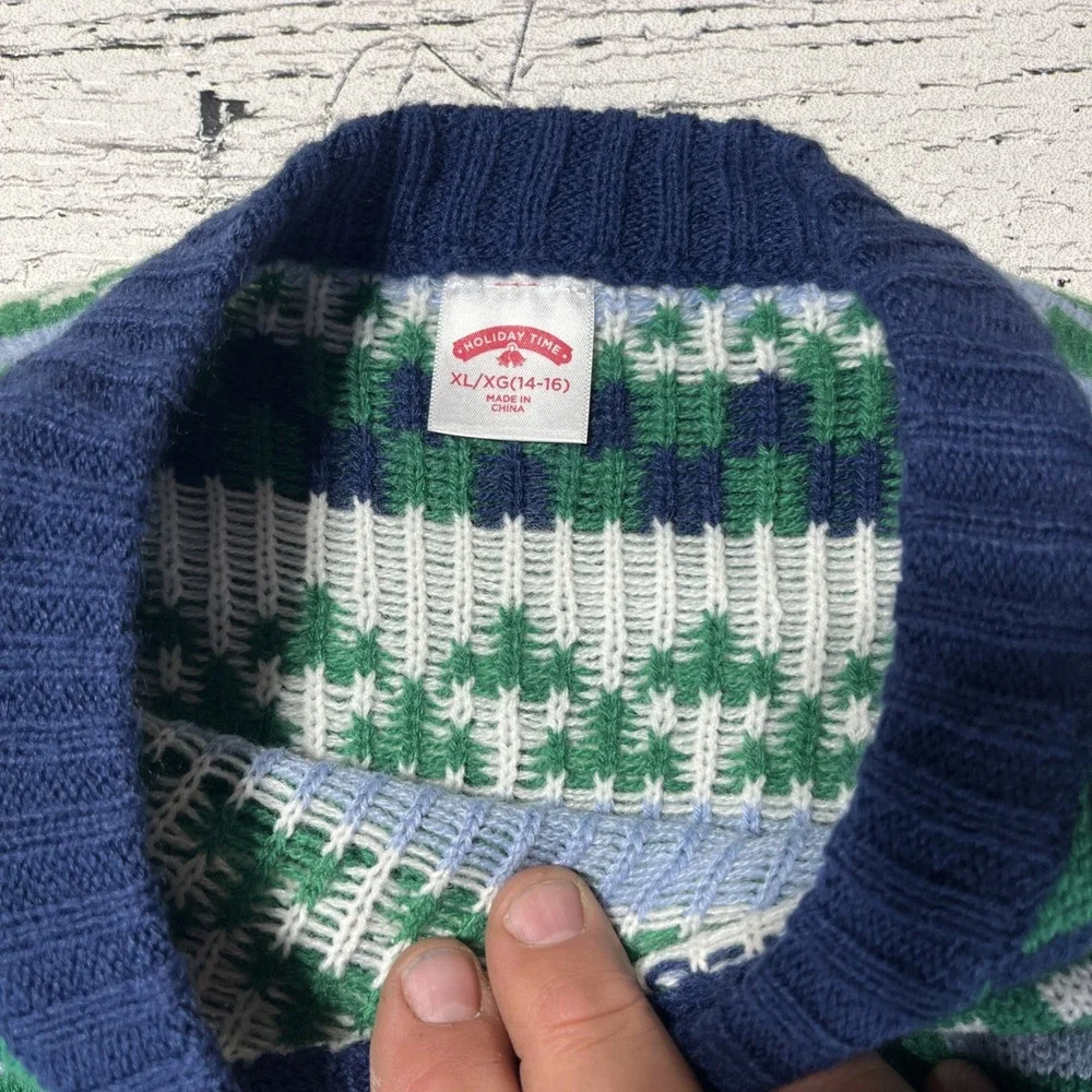Boy's Holiday Time Dabbing Cat Ugly Christmas‎ Green Sweater XL 14 16